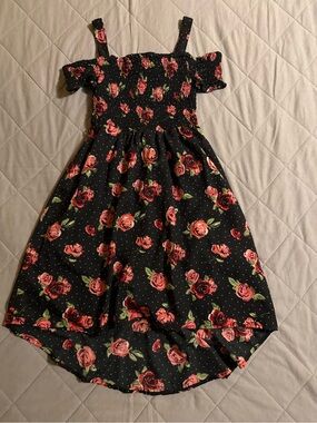 Girls Black Floral Smocked Sundress with Pink Rose Print